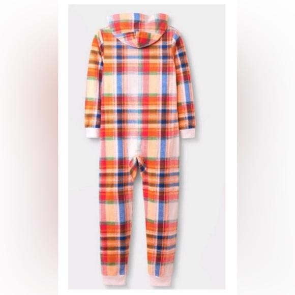 CAT & JACK Girls' Printed Union Suit Onesies Fleece Plaid Pajamas w. Hood - Picture 5 of 15
